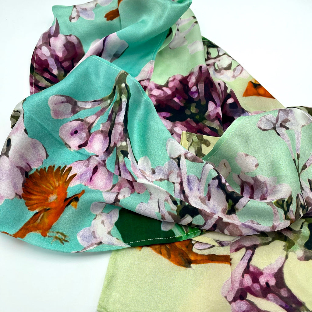 Flowers and Feathers - Lilac Cardinals Silk Scarf