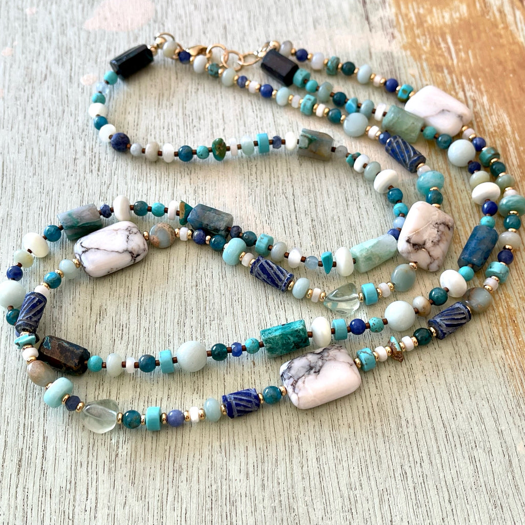 Carved Lapis and White Stone Necklace