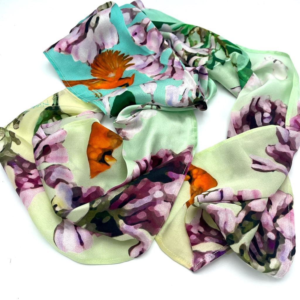 Flowers and Feathers - Lilac Cardinals Silk Scarf