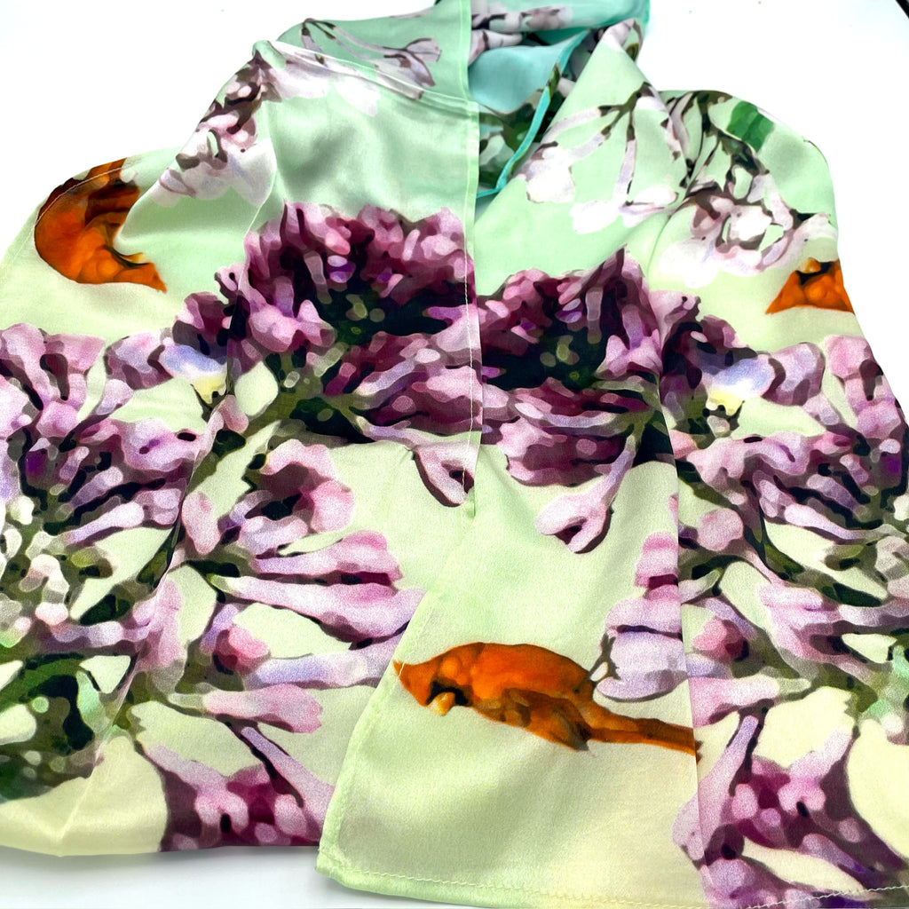 Flowers and Feathers - Lilac Cardinals Silk Scarf