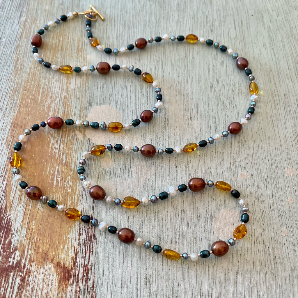 Long Pearl & Amber Necklace