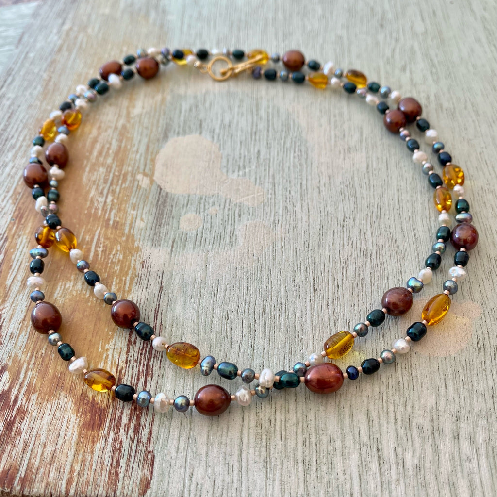 Long Pearl & Amber Necklace