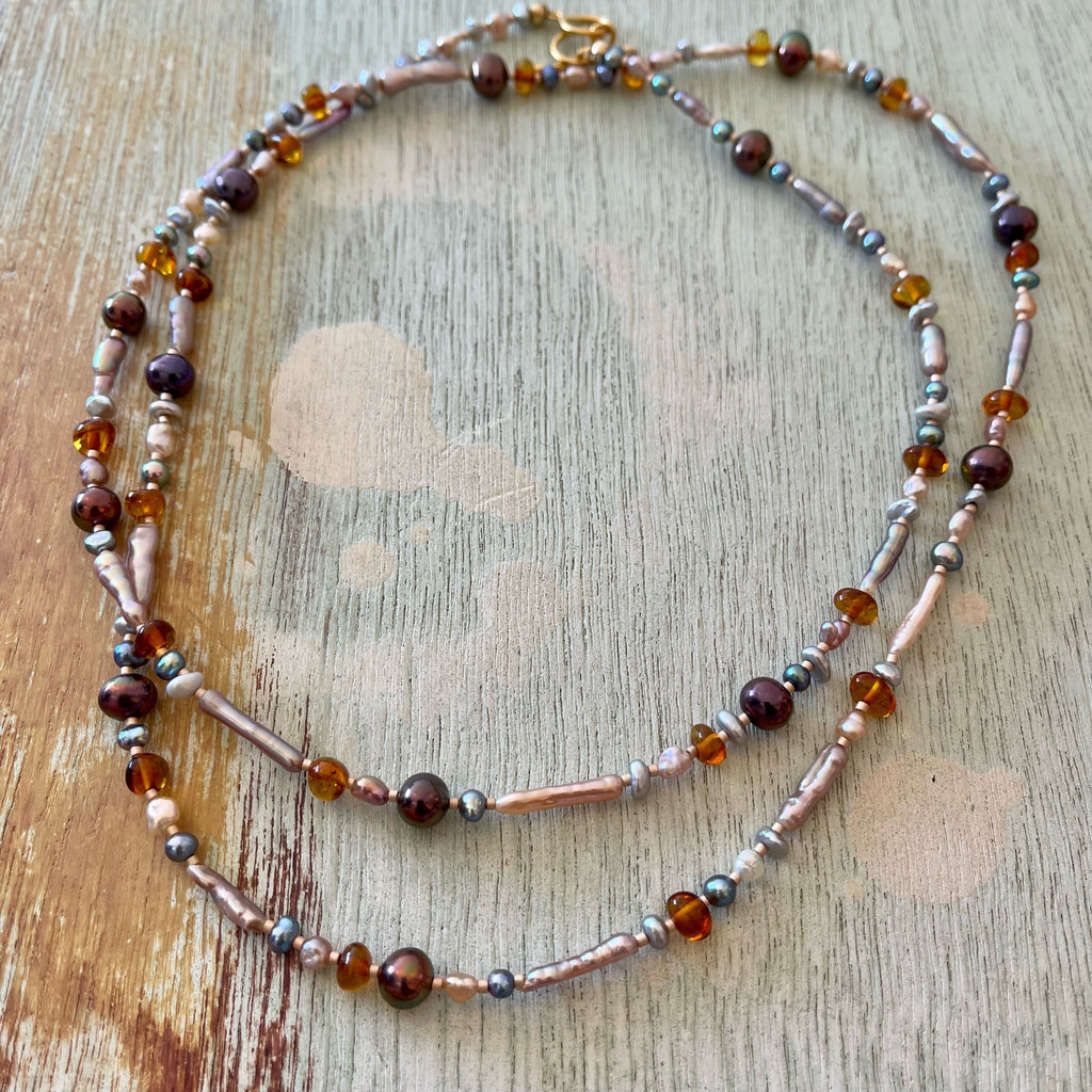 Long Pearl & Amber Necklace