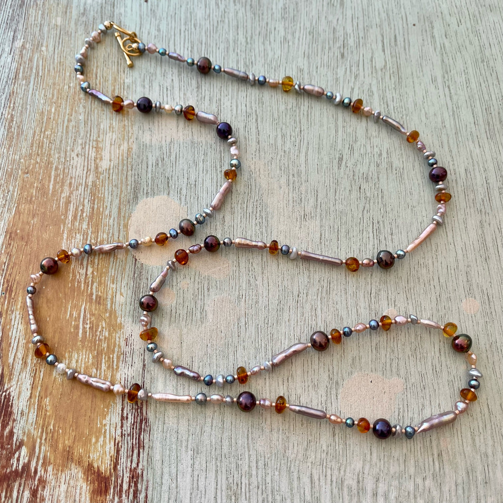 Long Pearl & Amber Necklace