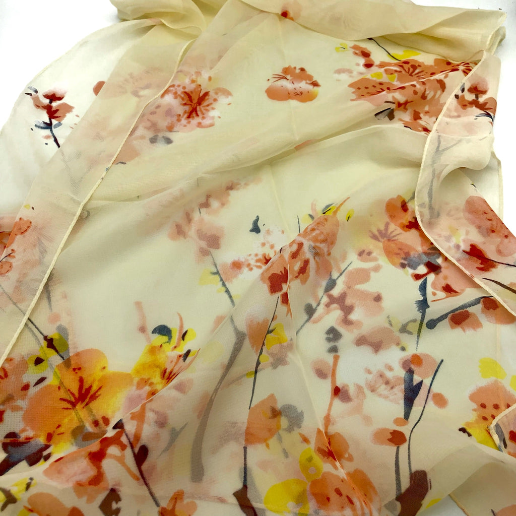 Cream Floral Chiffon Scarf