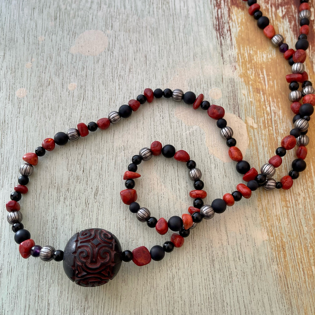 Long Red and Black Necklace