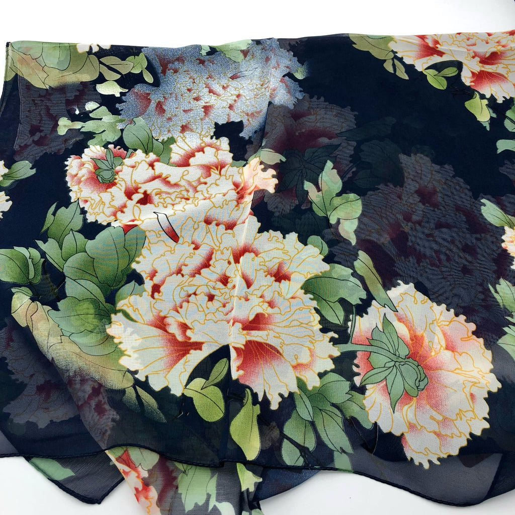 Navy Peony Chiffon Scarf