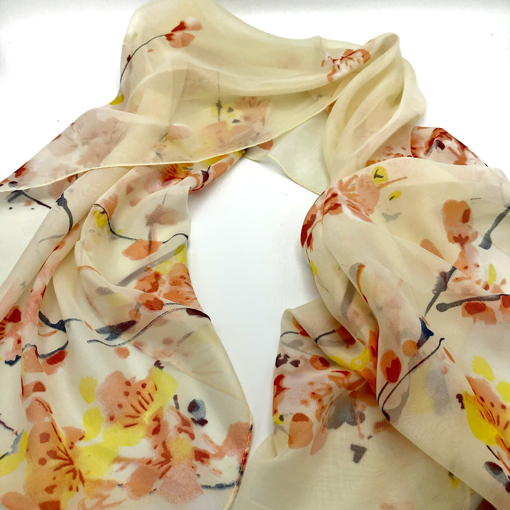 Cream Floral Chiffon Scarf