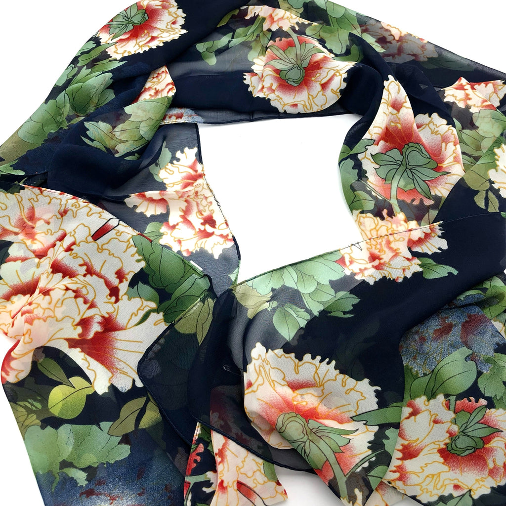 Navy Peony Chiffon Scarf