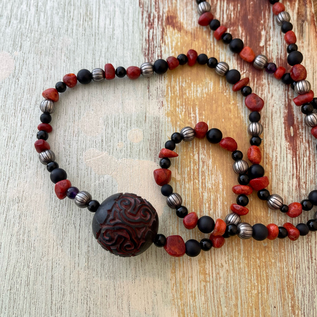 Long Red and Black Necklace