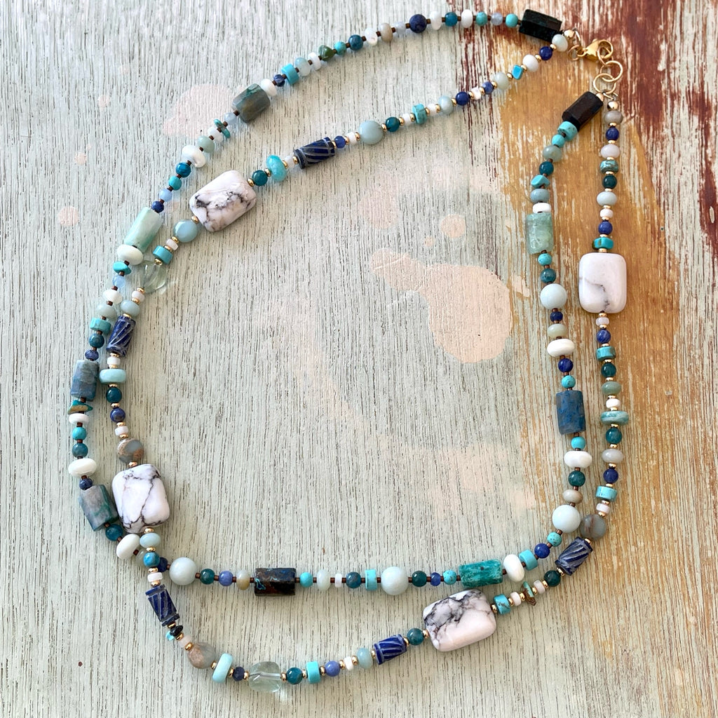 Carved Lapis and White Stone Necklace