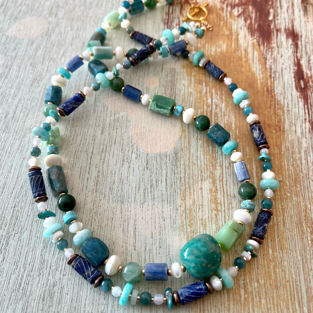 Amazonite and Carved Lapis Necklace